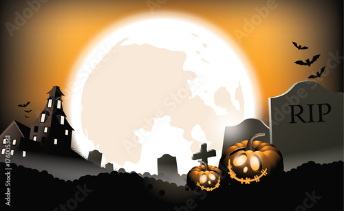 Halloween background illustration with pumpkins, graveyard and dark castle. EPS 10 vector.