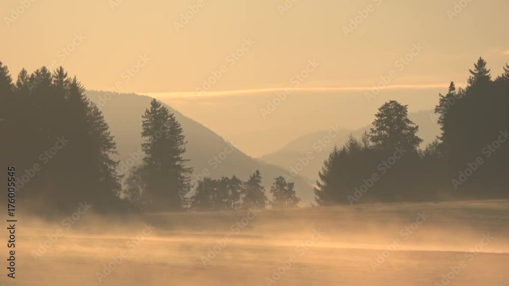 Nebelstimmung bei Sonnenaufgang im Alpenvorland, Allgäu, Nebel, Herbststimmung, Almwiesen mit Wald, 4K