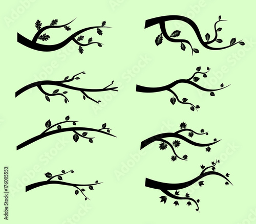 Stylized black tree branch silhouettes on green, Vector black branches leaves. Flat design Vector Illustration EPS