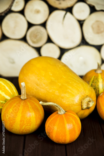 large and small pumpkins on a wooden table. Autumn concept