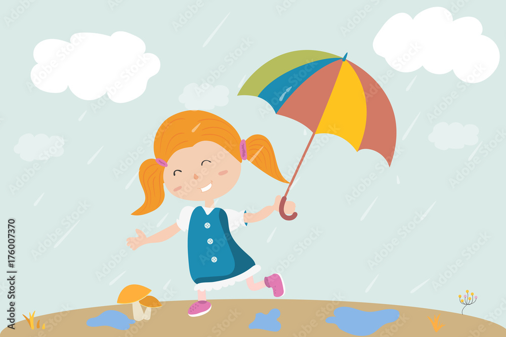 a girl walks under the rain with umbrella in hand. Hello autumn