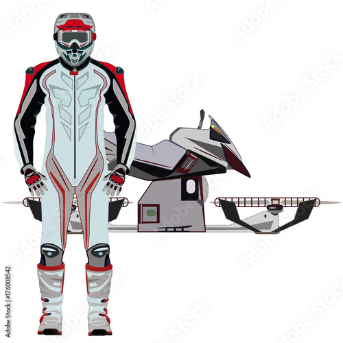 Motorcycle rider and hovering motorcycle vector flat icon set
