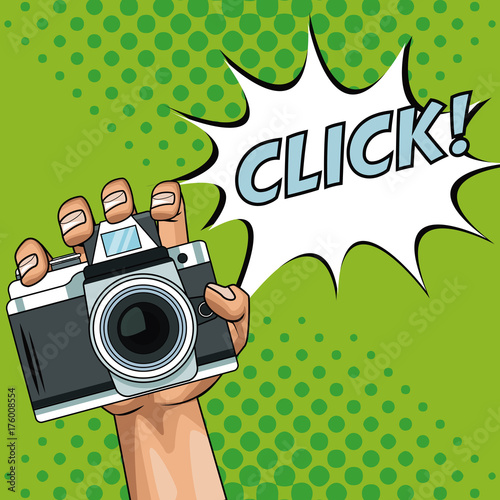 Hand holding camera pop art cartoon vector illustration graphic