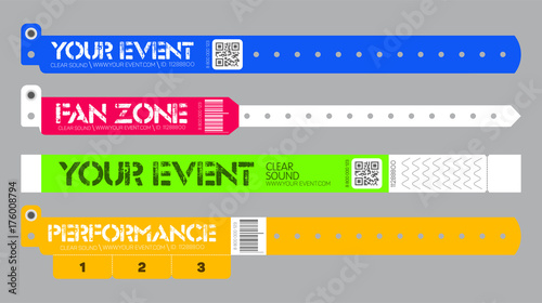 Set of bracelets for entrance to the event. Live performance entrance vector bracelets templates. Dance, Music or Concerts. entrance to fan zone