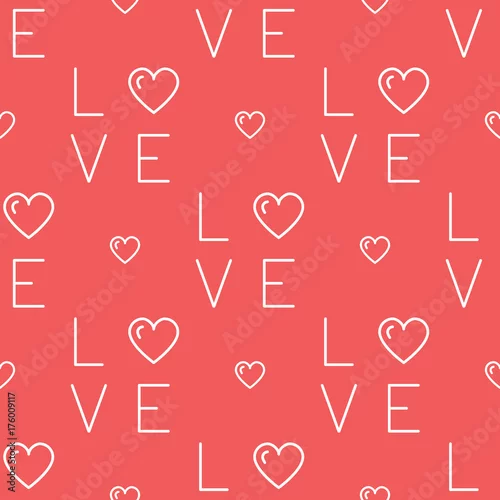 Tapety Uwielbiam wzór bez szwu, tekst miłości i serca na czerwonym tle. Cienka linia sztuki projektowania, ilustracji wektorowych płaskie