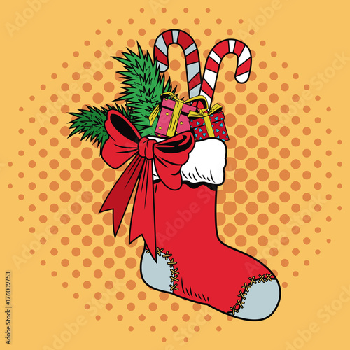 Santa sock with candies Christmas pop art vector illustration graphic