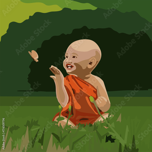 Young buddhist child playing with butterfly in green forest. Happiness, spirituality, peace, mindfulness concept illustration vector.