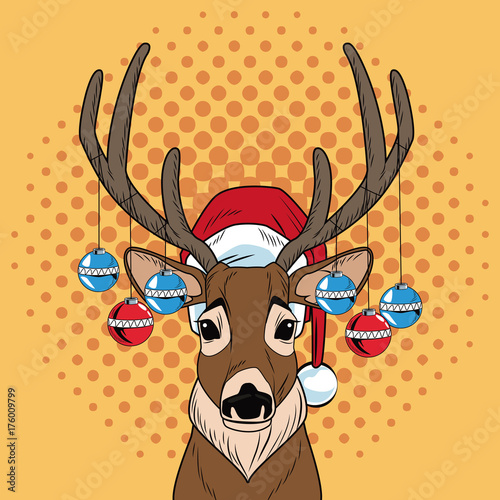 Reindeer with balls Christmas pop art vector illustration graphic
