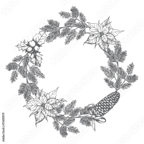 Christmas and New Year's wreath with hand drawn elements. Festive background with Christmas decorations. Vintage greeting card. Vector illustration.