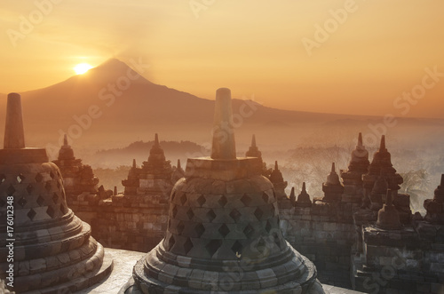 Sunrise at Borobodur temple on Java, Indonesia photo