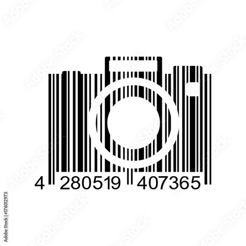 Icono plano codigo de barras camara fotos negro en fondo blanco