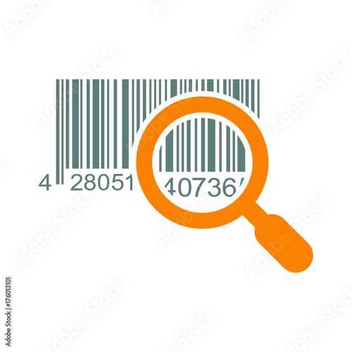 Icono plano codigo de barras gris y lupa naranja