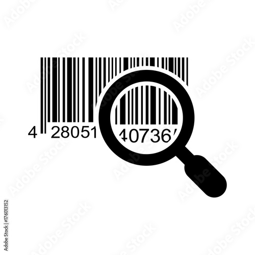 Icono plano codigo de barras lupa negro en fondo blanco