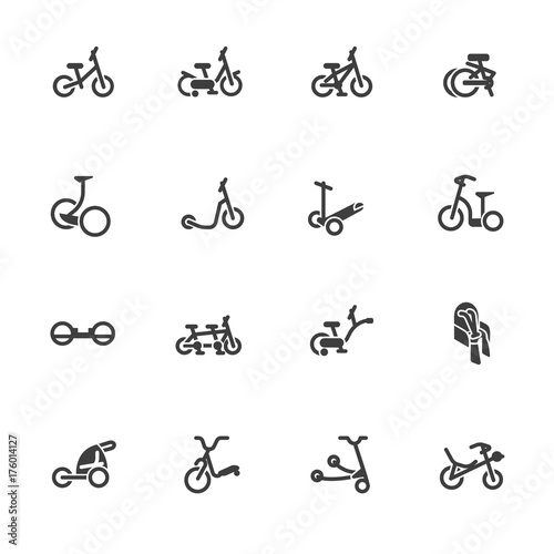 Wheeled vehicles as thick line icons / Classic and electrical devices and accessories for riding on wheels 