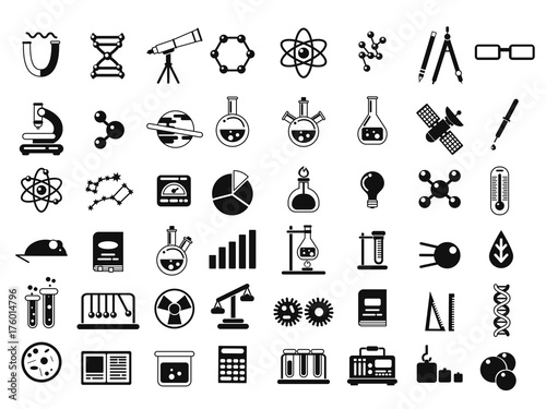Monochrome set of different chemical symbols and others science icons in flat style