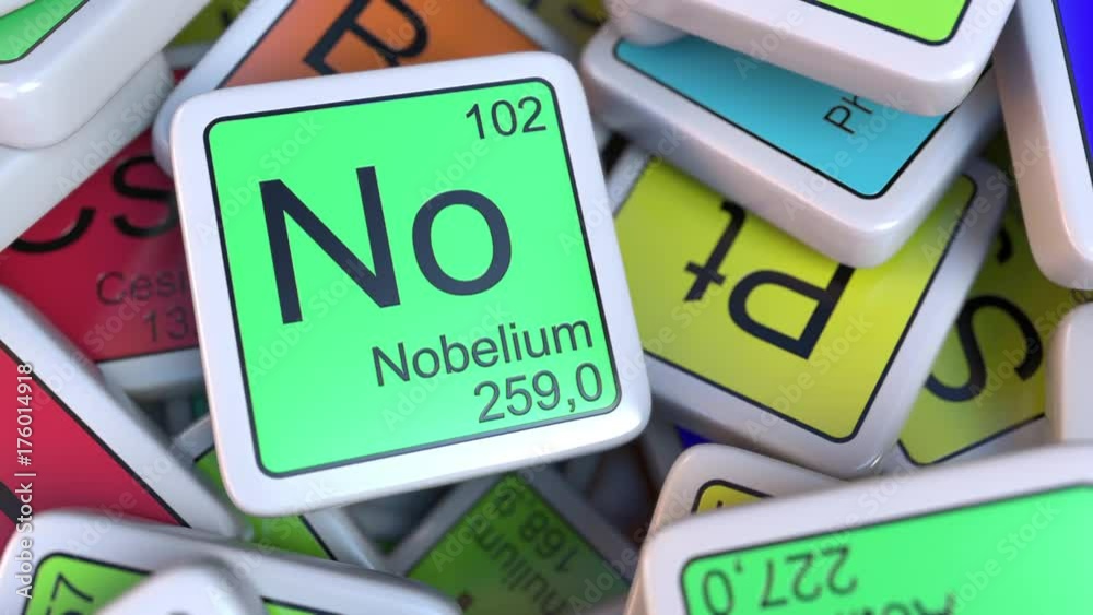 Nobelium No block on the pile of periodic table of the chemical elements blocks. Chemistry related intro animation