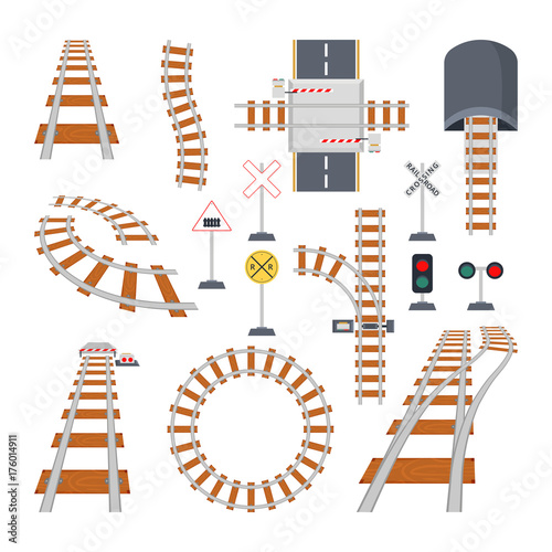 Different structural elements of railway. Vector collection in cartoon style