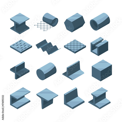 Industrial icons set of metallurgic production. Isometric pictures of steel or iron pipes