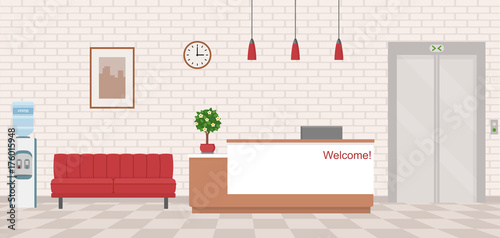 Office interior with reception and waiting area. Flat style, vector illustration. 
