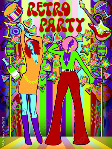 Two girls on the dance floor. Retro party invitation card. Handmade drawing vector illustration. Vintage style. Pop art.