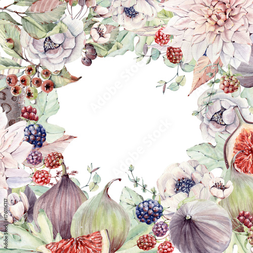 Watercolor floral and figs background photo