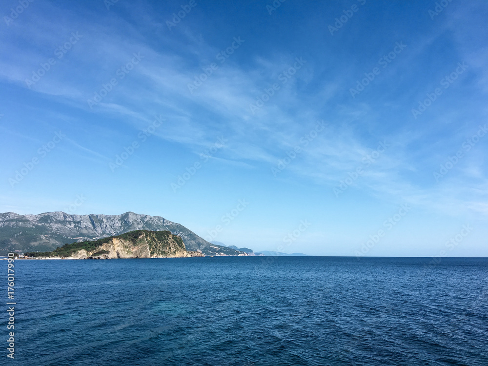 Natural landscape sea and sky mountain background. Montenegro, Budva.