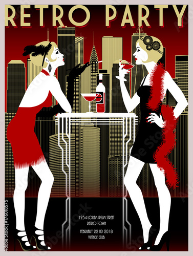 Retro Party invitation card. Handmade drawing vector illustration. Vintage style.