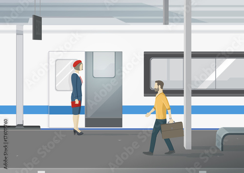 Conductor standing on railway platform. Man with suitcase going out of train. Vector illustration.