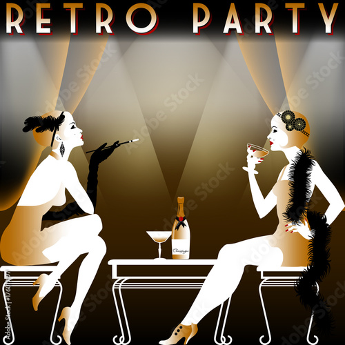 Retro Party invitation card. Handmade drawing vector illustration. Art deco style.