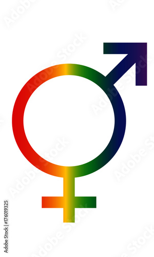 A rainbow coloured symbol combining the traditional male and female