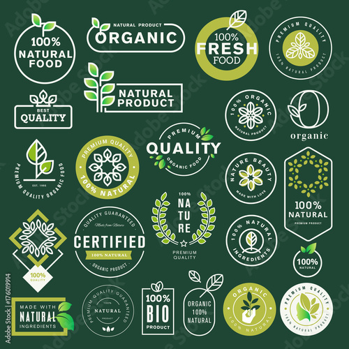 NaturOrganic food and drink icons and elements set. Vector illustrations for restaurant, food market, e-commerce, organic products promotion, healthy life and premium quality food and drink. e
