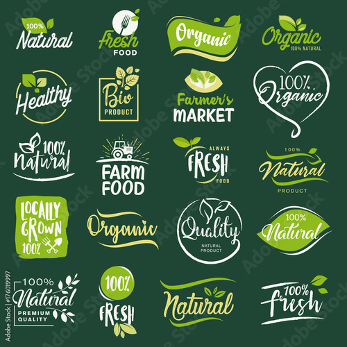 Set of icons and elements for organic food and drink, restaurant, food store, natural products, farm fresh food,  e-commerce, healthy product promotion.