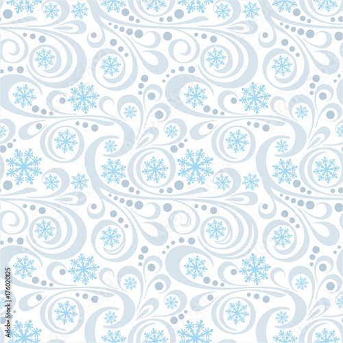 Abstract New Year pattern with blue snowflakes and swirls on white