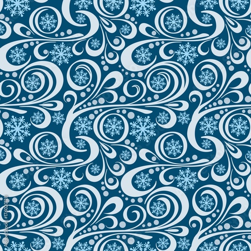 Abstract New Year pattern with blue snowflakes and white swirls