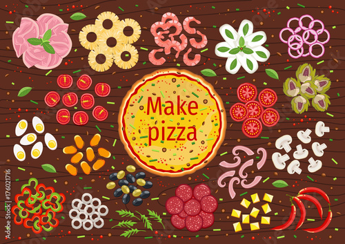 Pizza making banner and menu concept with different ingredients for traditional italian food in cartoon flat style. Vector illustration of pizza crust and components on wooden background.