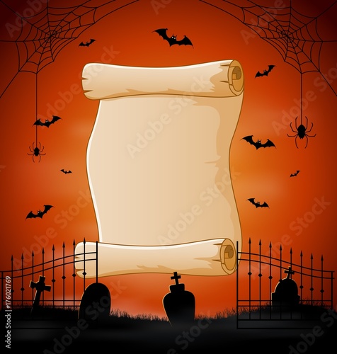 Halloween background with cemetery and bats