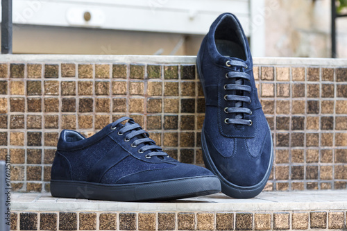 Men's blue suede leather sneakers photo