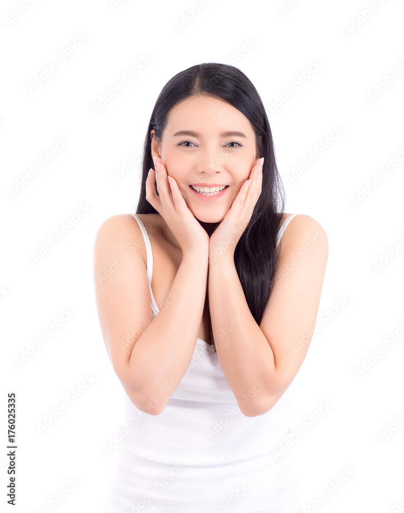 Beautiful girl with makeup, woman and skin care cosmetic concept / attractive beauty asian girl on face with hand touch cheek and smile isolated on white background. Beautiful girl with makeup, woman and skin care cosmetic concept / attractive beauty asian girl on face with hand touch cheek and smile isolated on white background.