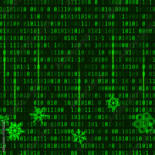 Green color code streams glowing on screen. Vector matrix style binary background with falling snowflakes © writerfantast