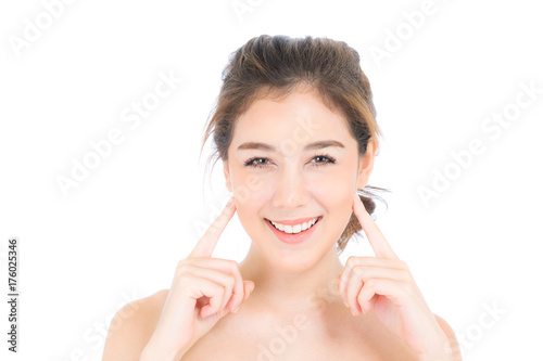 Beautiful girl with makeup, woman and skin care cosmetic concept / attractive beauty asian girl on face with hand touch cheek and smile isolated on white background.