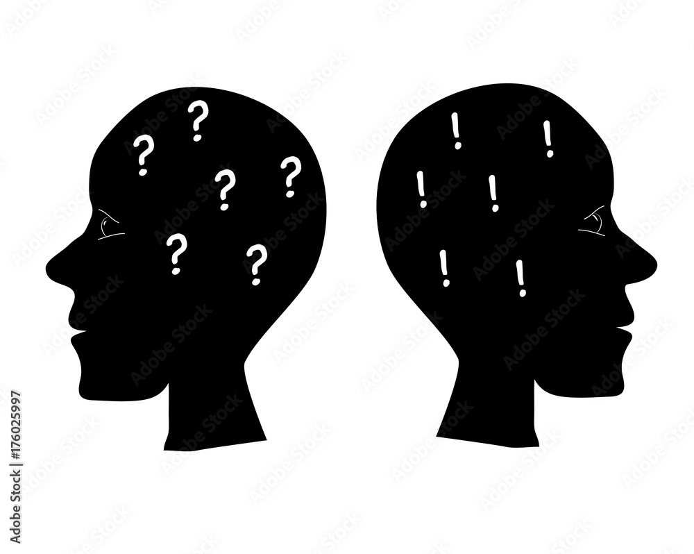 two head profile silhouette with question mark and exclamation mark simple illustration