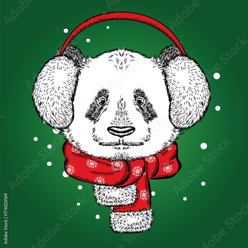 Fototapeta Naklejka Na Ścianę i Meble -  Cute panda in the New Year with headphones. Vector illustration. Christmas and New Year.
