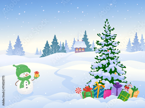 Snowman and Christmas landscape
