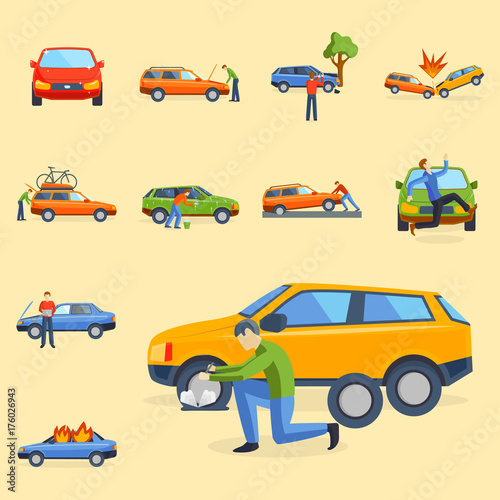 Car crash collision traffic insurance safety automobile emergency disaster and emergency disaster speed repair transport vector illustration.