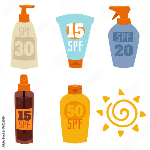 Cream sunscreen bottle isolated on white background vector icon sunblock cosmetic summer container tube packaging design.