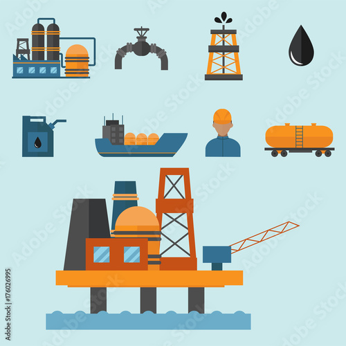 Mineral oil petroleum extraction production transportation factory logistic equipment vector icons illustration