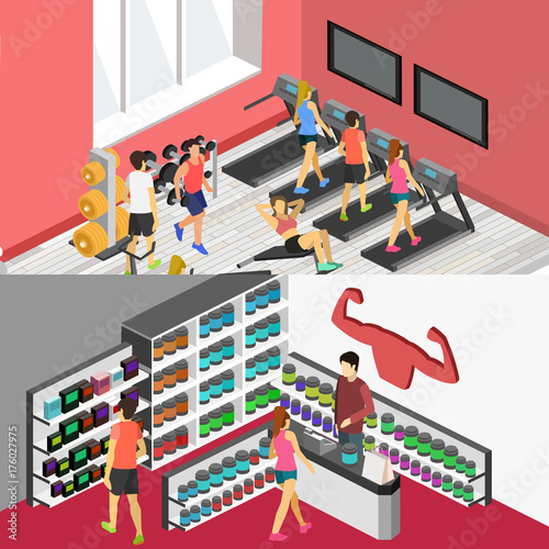 Isometric flat 3D isolated vector cutaway interior of Sports supplements.