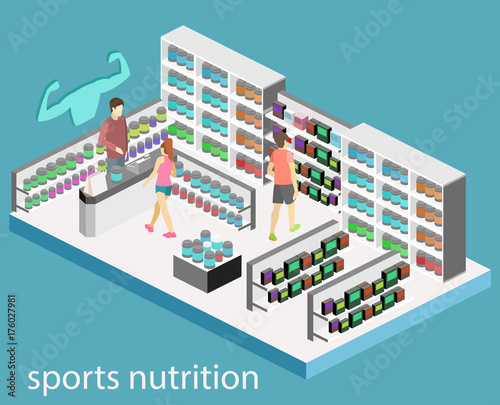 Isometric flat 3D isolated vector cutaway interior of Sports supplements.