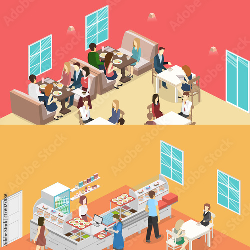 Isometric flat interior of sweet-shop, cafe, canteen and restaurant kitchen.
