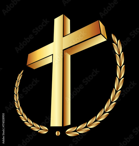 Christian 3d gold cross on black background, icon vector